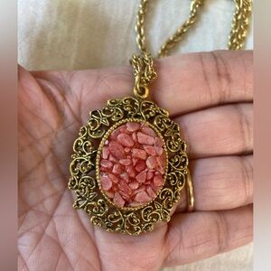 Vintage Ornate Framed Crushed Faux Stones‎ Pendant Necklace
